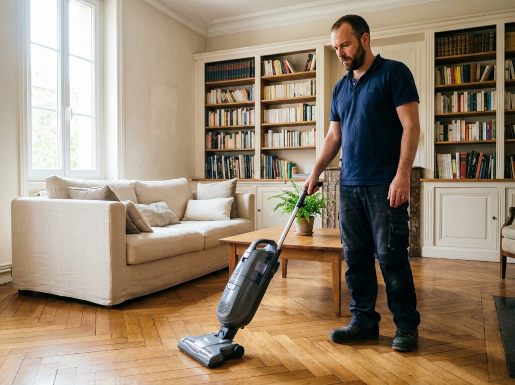 Agent d'entretien masculin passant l'aspirateur dans un salon avec parquet à Metz