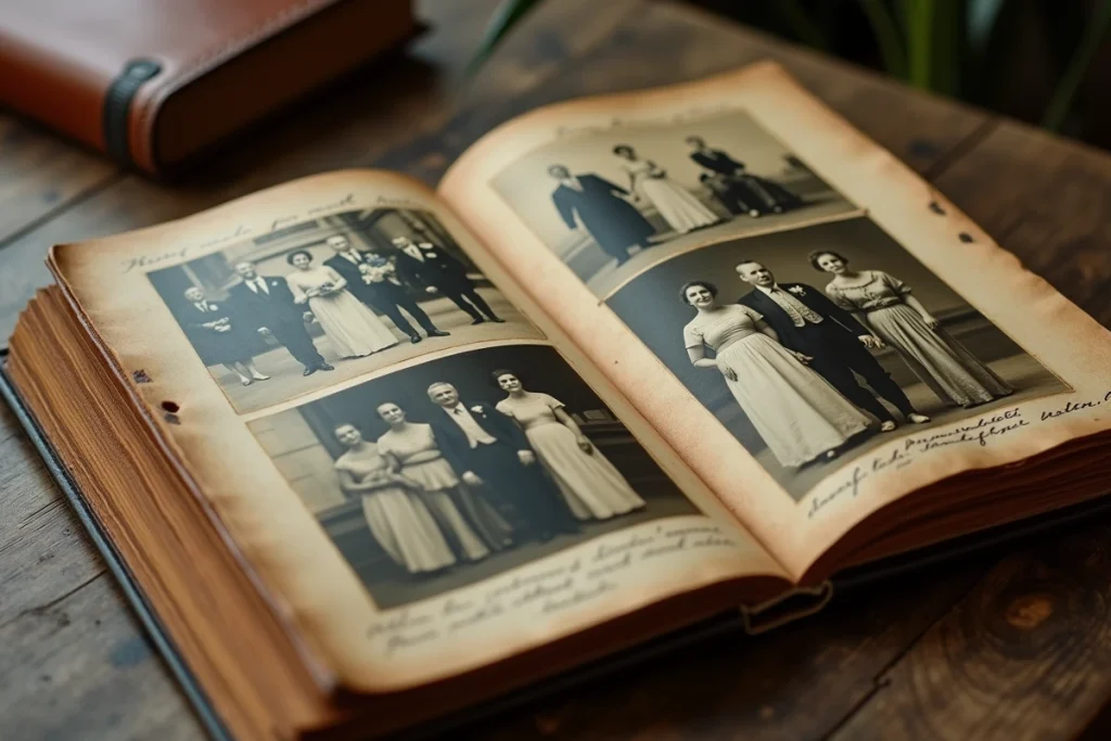 Album photo de famille vintage ouvert sur une table en bois avec des portraits en noir et blanc et des légendes manuscrites en français