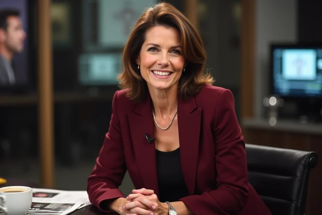 Femme journaliste et animatrice télévision française en coulisses d'un plateau, assise dans une loge avec des documents de presse