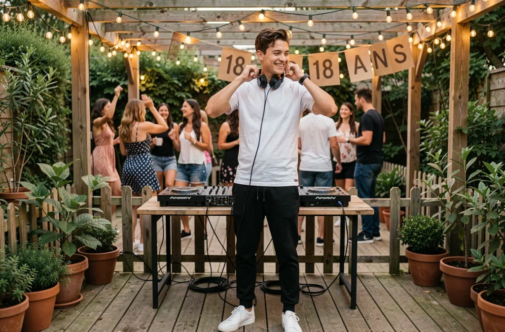 Jeune homme de 18 ans animant une soirée d'anniversaire en extérieur avec un stand DJ sur une terrasse décorée