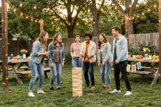 Groupe de jeunes adultes fêtant leurs 18 ans en extérieur avec des jeux géants dans un jardin décoré