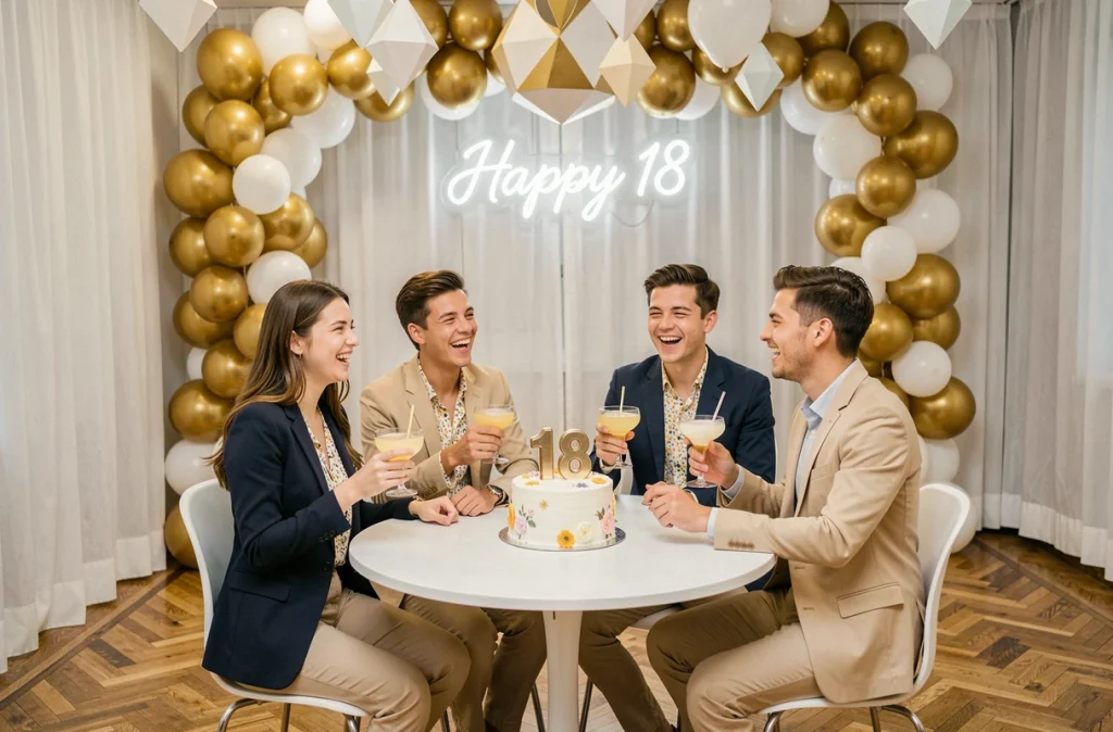 Jeunes de 18 ans célébrant un anniversaire en intérieur dans une salle de fête décorée avec ballons et gâteau