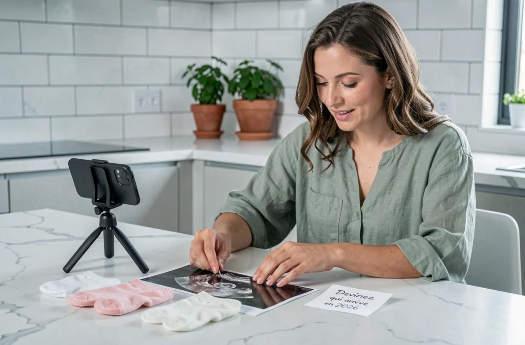 Femme arrangeant une mise en scène créative pour annoncer sa grossesse sur les réseaux sociaux avec échographie et chaussettes bébé