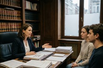 Avocate spécialisée en droit de la famille expliquant les procédures de garde et pension alimentaire à un couple séparé dans un cabinet juridique à Liège