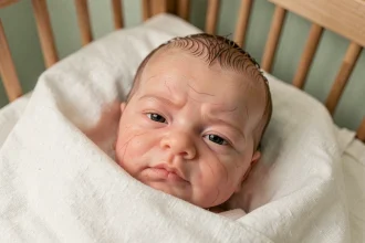 Bébé reborne en silicone allongé dans une couverture blanche avec détails réalistes de peau, veines et cheveux enracinés, idéal pour débuter une collection