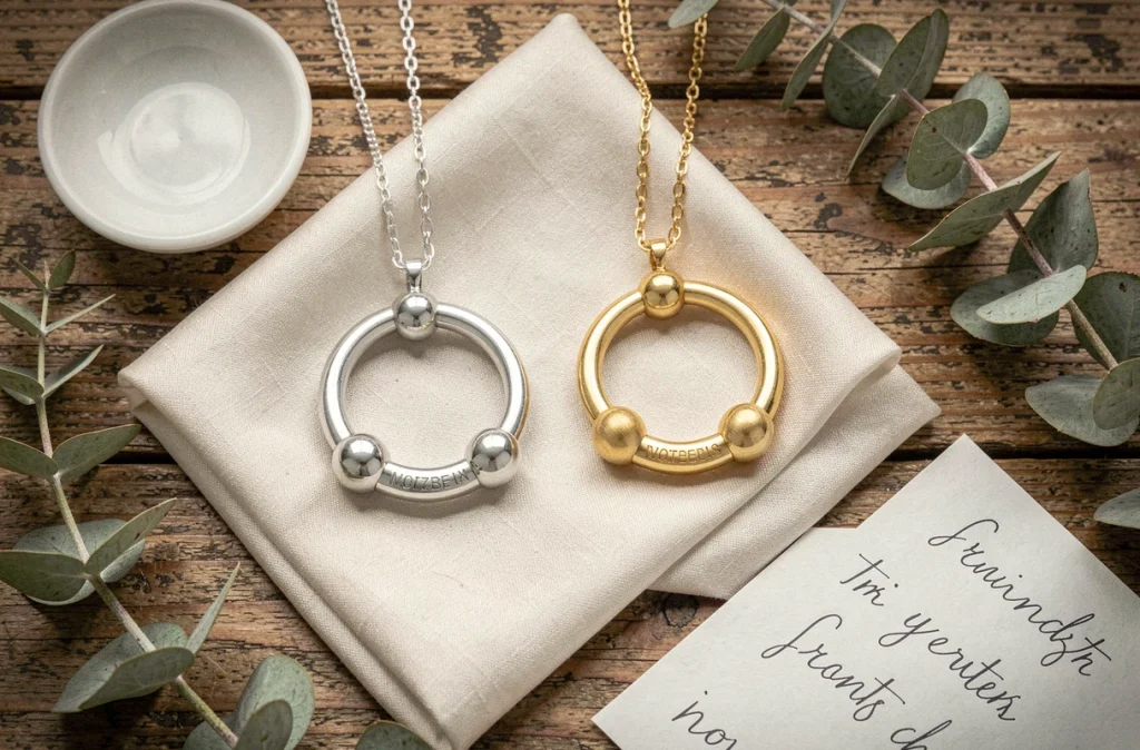 Comparaison bola de grossesse argent et doré en flat-lay sur soie naturelle avec eucalyptus, style cadeau artisanal