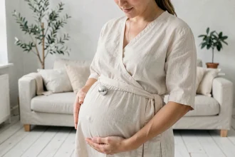Femme enceinte portant un bola de grossesse en argent sur une robe en lin ivoire dans un intérieur scandinave