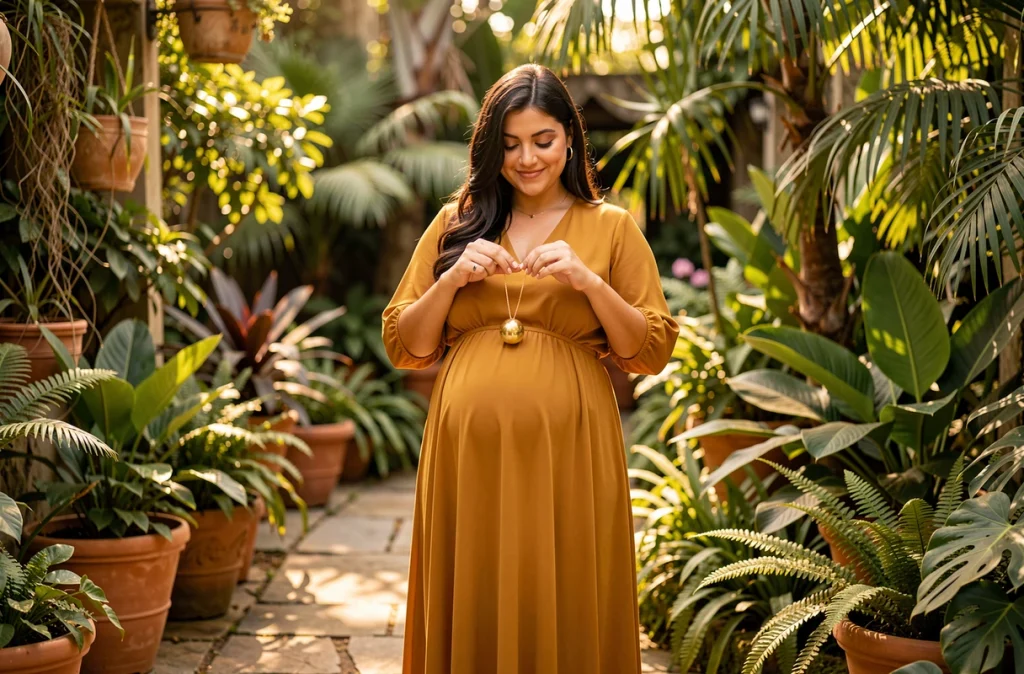 Femme enceinte tenant un bola de grossesse doré dans un jardin botanique, robe longue moutarde