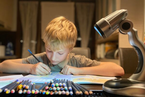 Boy drawing with colors pencils
