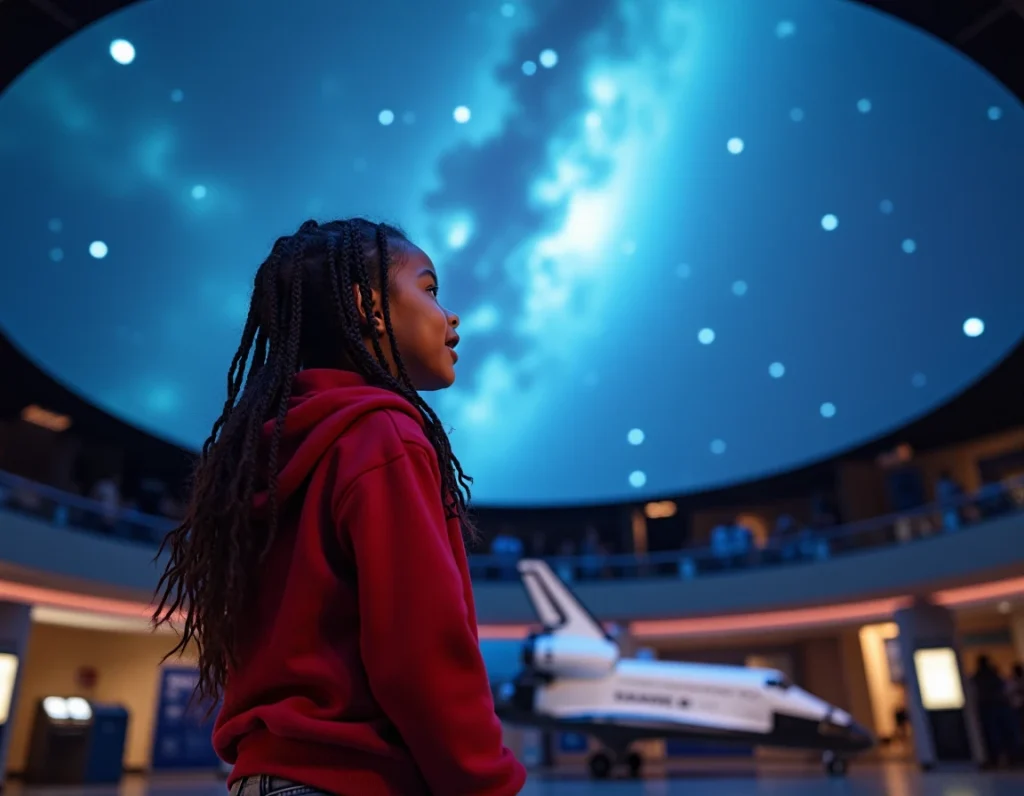 Jeune fille émerveillée sous le dôme du planétarium de la Cité de l'Espace à Toulouse