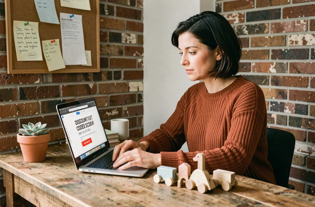 Femme recherchant un code promo pour des jouets en bois éthiques sur un ordinateur portable