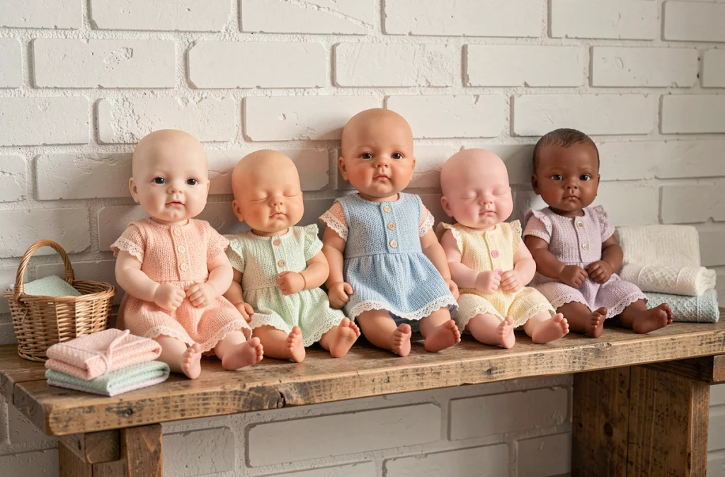 Collection de bébés rebornes en silicone de différentes tailles exposés sur une étagère en bois rustique avec tenues tricotées pastel, guide visuel pour débutants collectionneurs