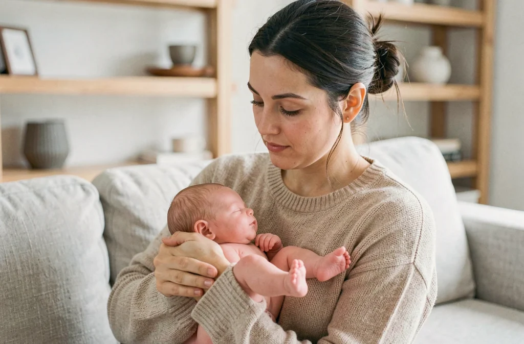 Femme tenant un bébé reborne en silicone dans ses bras et examinant ses détails réalistes, représentant une collectionneuse débutante passionnée