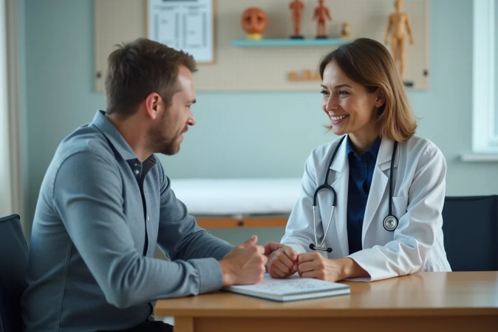 Père avec carnet de questions lors d'une consultation chez le pédiatre face à une médecin attentive