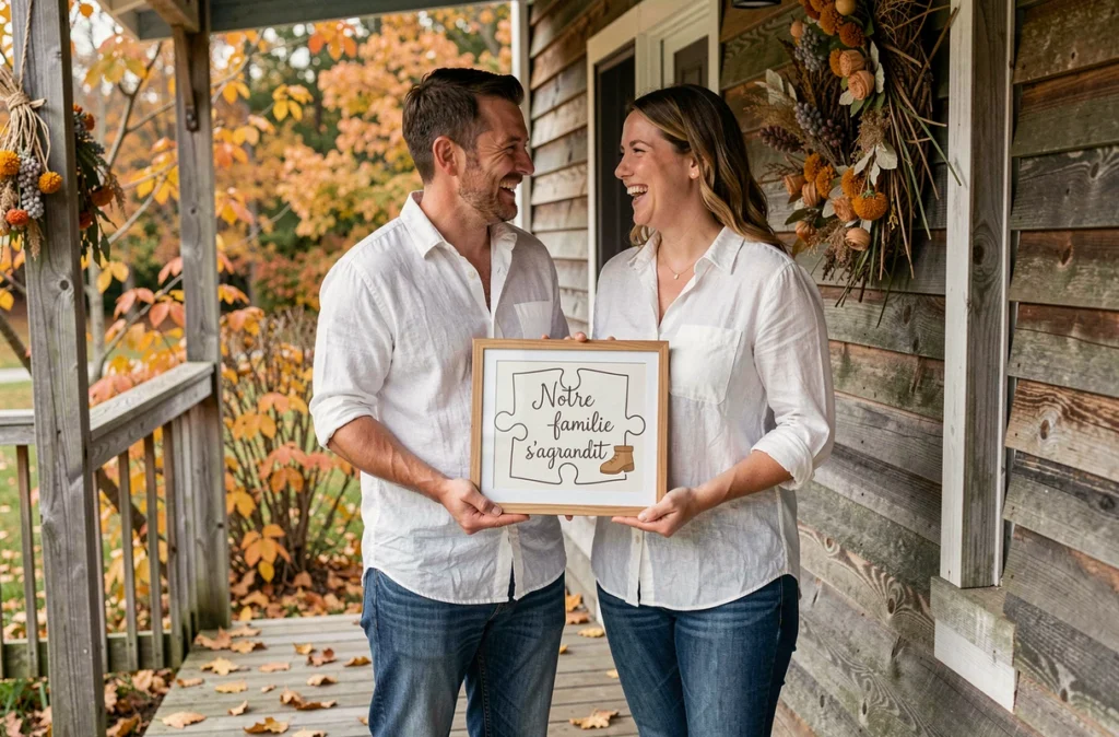 Couple tenant un cadre avec message d'annonce de grossesse sur un porche en bois entouré de feuilles d'automne