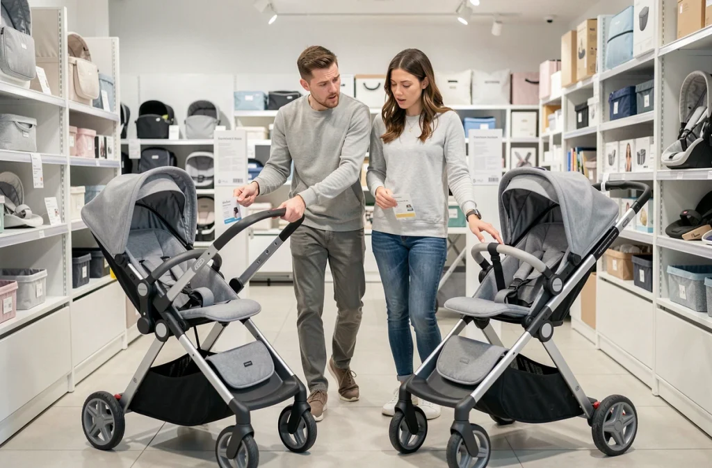 Couple en magasin comparant deux modèles de triple poussette avant leur premier achat