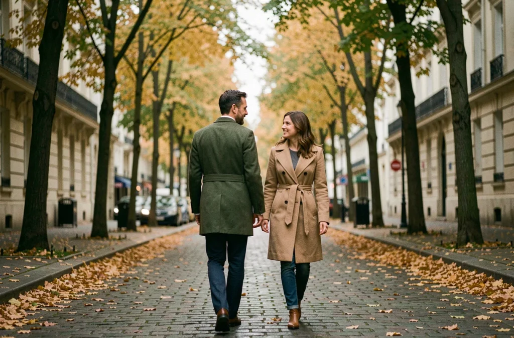 Couple marchant discrètement dans une rue parisienne en automne, symbolisant la préservation de l'intimité malgré la célébrité