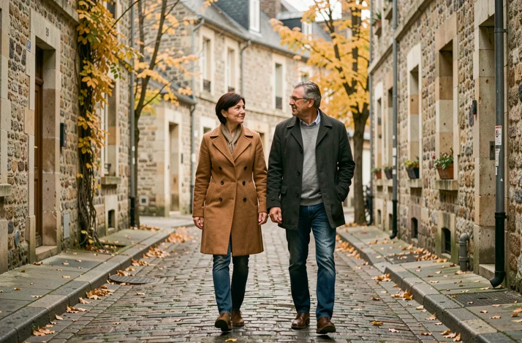 Couple marchant dans une rue pavée parisienne en automne, femme aux cheveux courts en tête, ambiance de discrétion et de vie privée