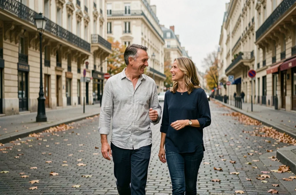 Couple français en tenue décontractée marchant dans une rue parisienne pavée en automne