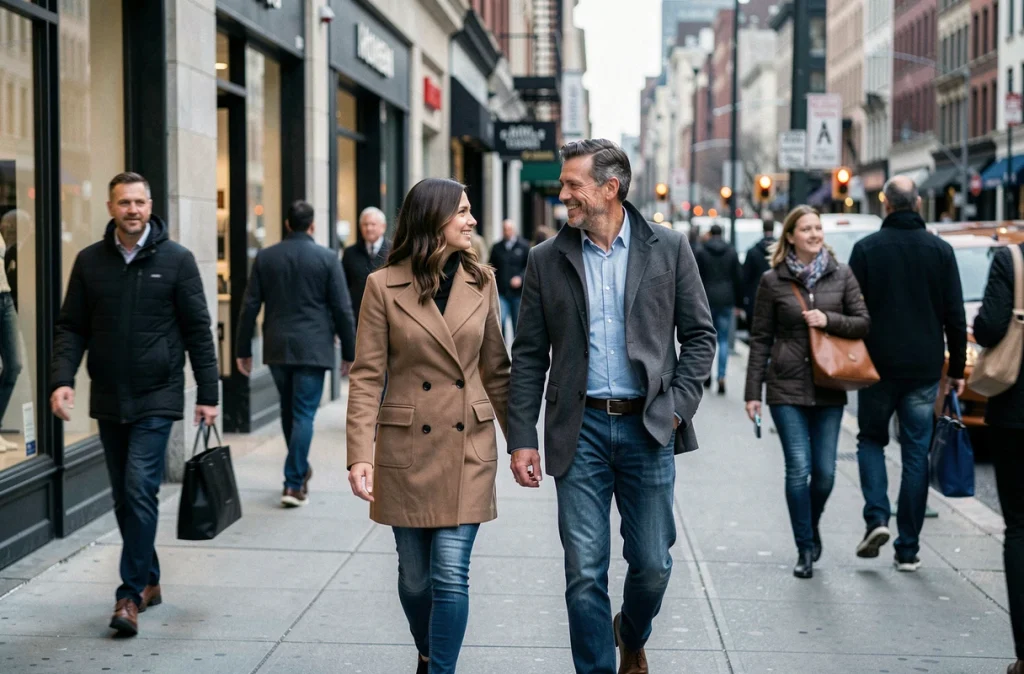 Couple se promenant en ville, évoquant la question des limites entre curiosité publique et respect de la vie privée