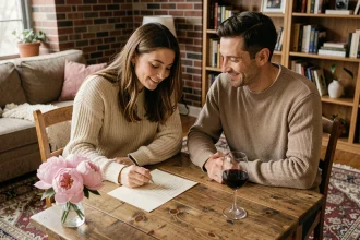 Couple romantique écrivant un message d'anniversaire à la main dans un appartement cosy avec des pivoines roses et du vin rouge sur la table