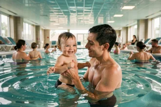 Parent et bébé nageur dans une piscine intérieure chauffée en Nouvelle-Aquitaine, cours de bébé nageur