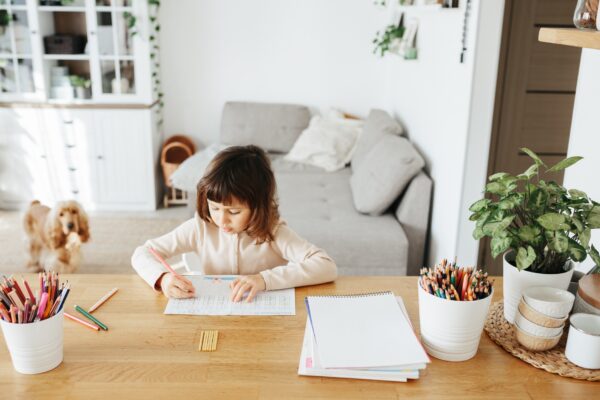 Cute preschooler girl learning home. Homeschooling, distance learning for kids.