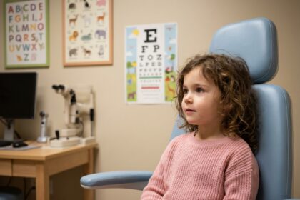 Petite fille de 4 ans passant un test de dépistage de l'amblyopie chez l'ophtalmologiste pédiatrique