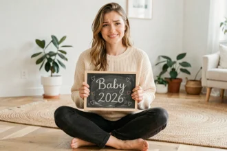 Jeune femme souriante tenant un panneau ardoise annonçant sa grossesse pour 2026 dans un salon scandinave