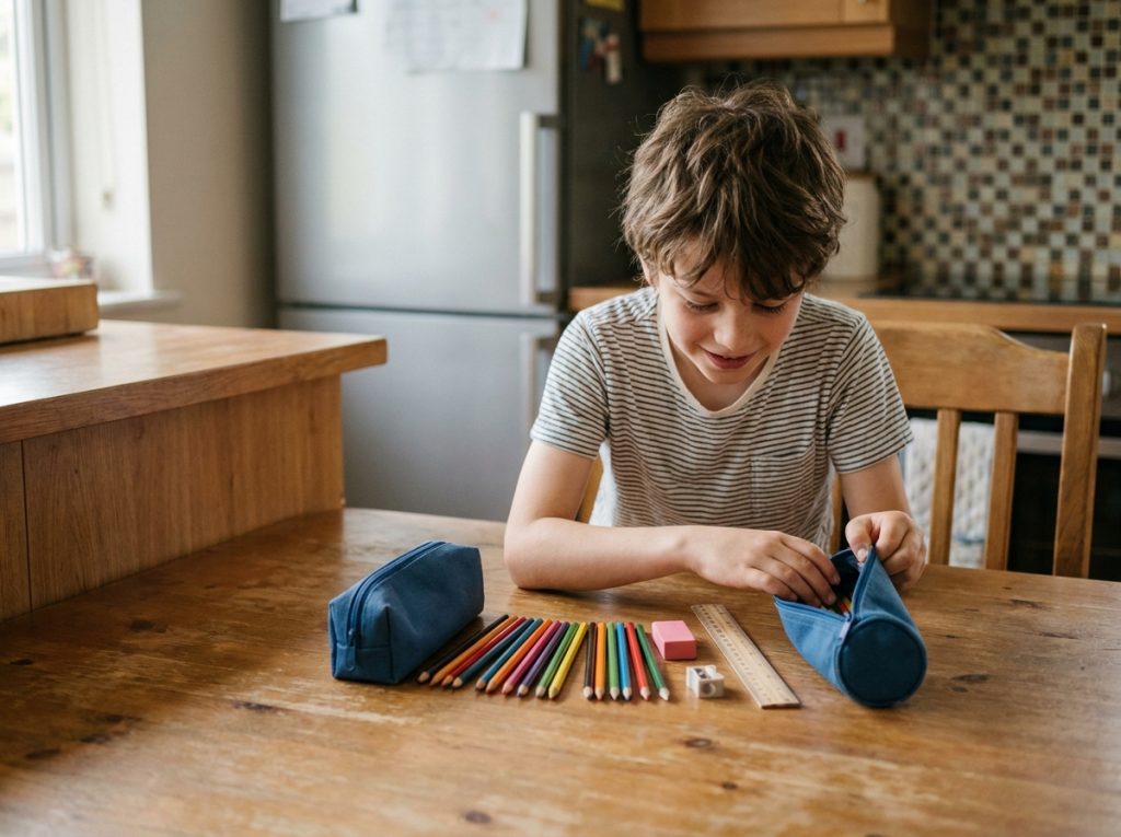 Jeune garçon découvrant le contenu d'une nouvelle trousse scolaire sur une table de cuisine en bois