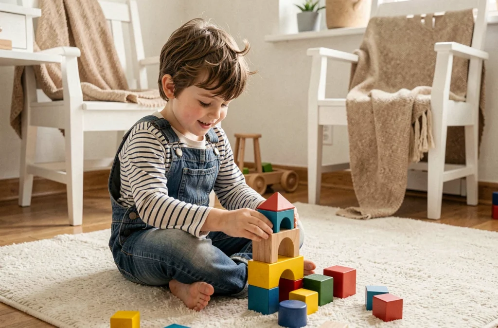 Enfant jouant avec des jouets en bois colorés et éthiques sur un tapis en laine