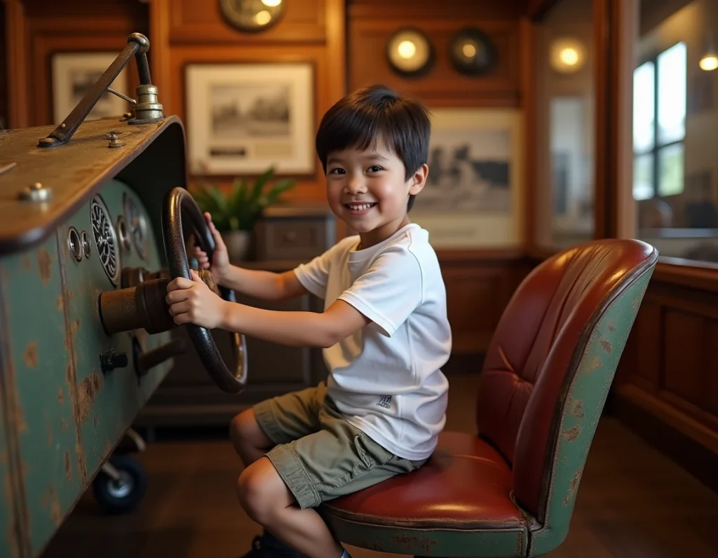 Enfant aux commandes d'un cockpit de biplan vintage au musée L'Envol des Pionniers à Toulouse