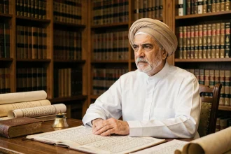 Érudit islamique âgé assis dans une bibliothèque entourée de manuscrits arabes anciens, illustrant la transmission du savoir sur la famille du Prophète Mohammed