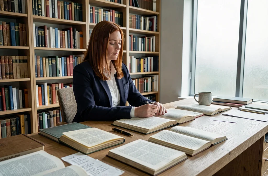 Femme assise à un bureau en bois entouré de livres d'étymologie et de notes manuscrites dans une bibliothèque moderne, illustrant l'évolution historique du prénom Julia