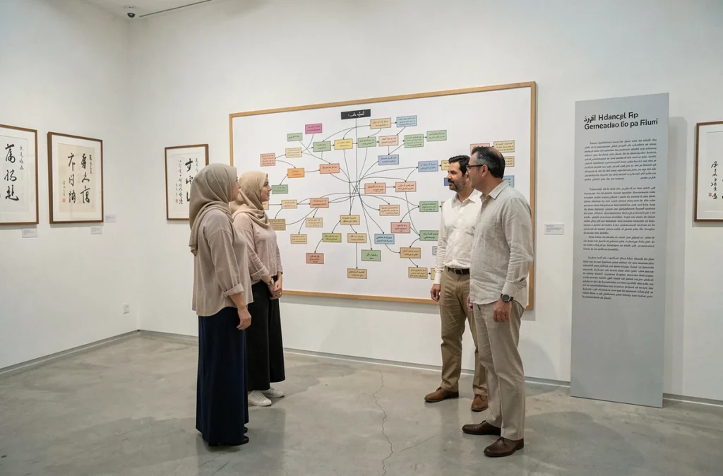 Visiteurs d'une exposition muséale étudiant un arbre généalogique de la famille du Prophète Mohammed affiché sur un mur blanc
