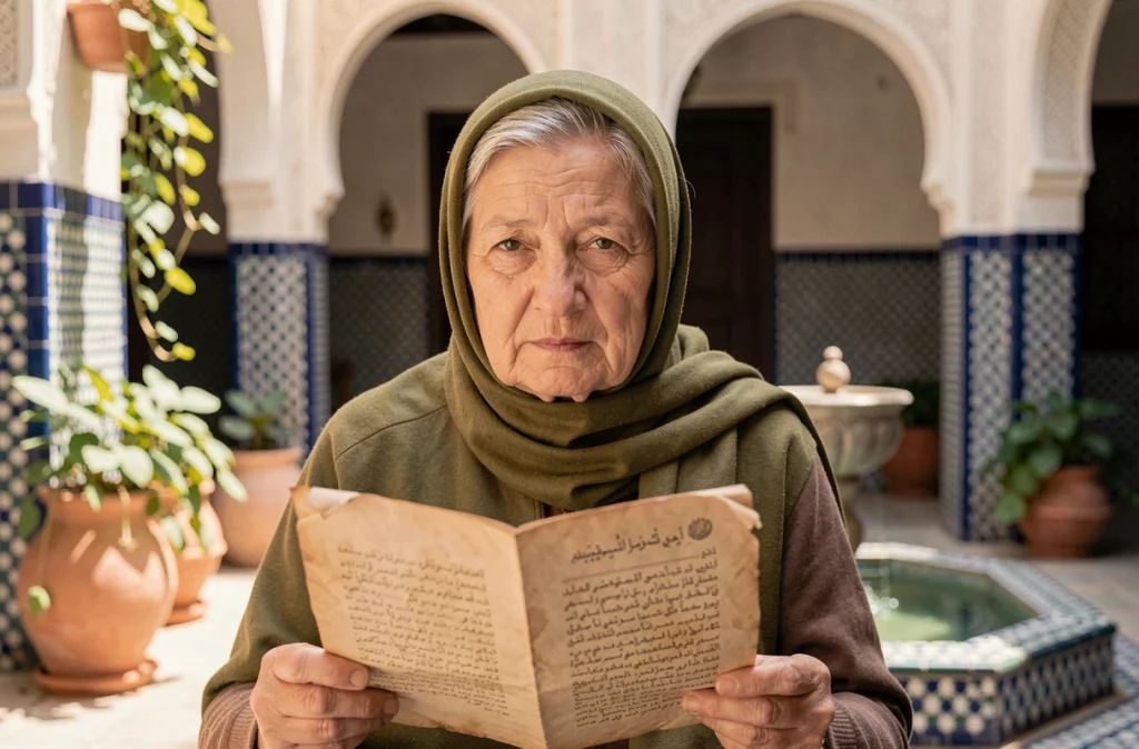 Femme âgée dans un riad marocain tenant un document généalogique manuscrit en arabe lié à la lignée du Prophète Mohammed