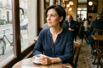 Femme artiste pensive assise seule dans un café parisien, regard tourné vers l'extérieur, ambiance intimiste et discrète