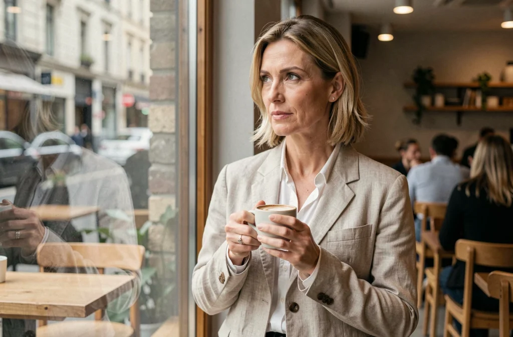 Femme pensive dans un café tenant une tasse, symbolisant la frontière entre curiosité médiatique et intimité personnelle