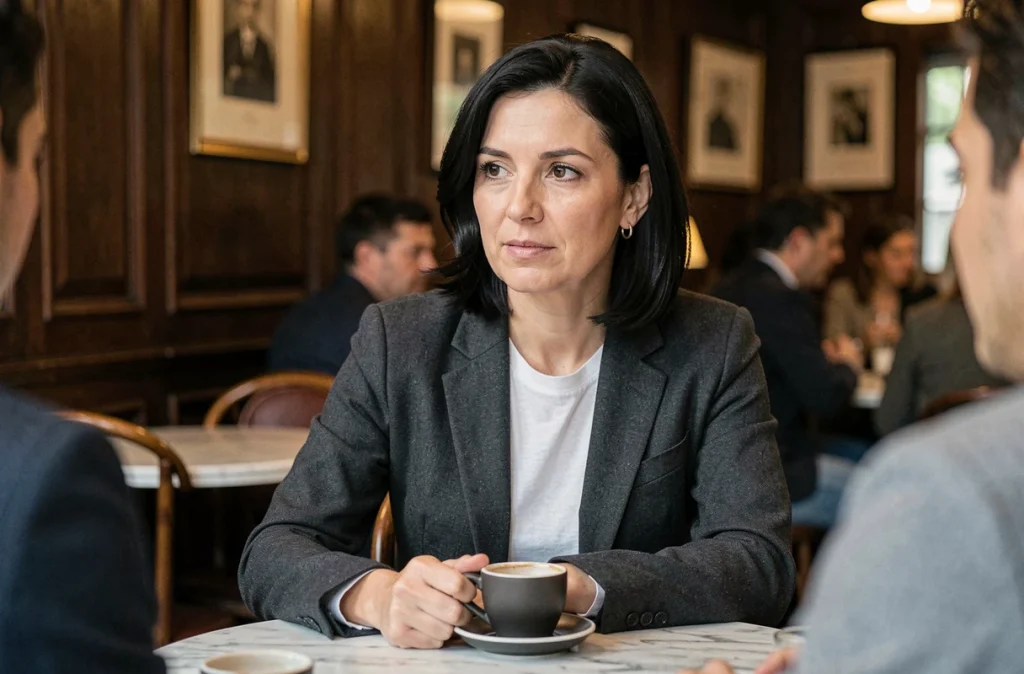 Femme en blazer charbon discutant dans un café parisien classique, illustration d'une vie sociale et familiale authentique