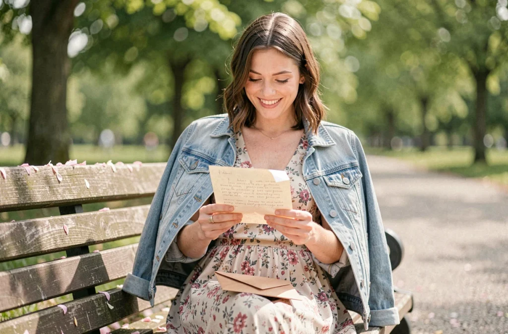 Femme lisant une lettre d'anniversaire romantique sur un banc dans un parc fleuri au printemps avec une enveloppe kraft