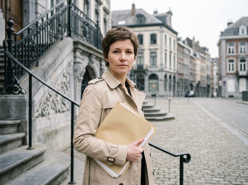 Femme devant le palais de justice de Liège tenant des documents relatifs à une procédure de séparation et droit de la famille