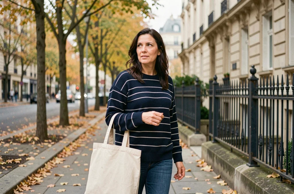 Femme marchant dans une rue parisienne bordée d'arbres en automne, image candide illustrant la vie quotidienne et familiale