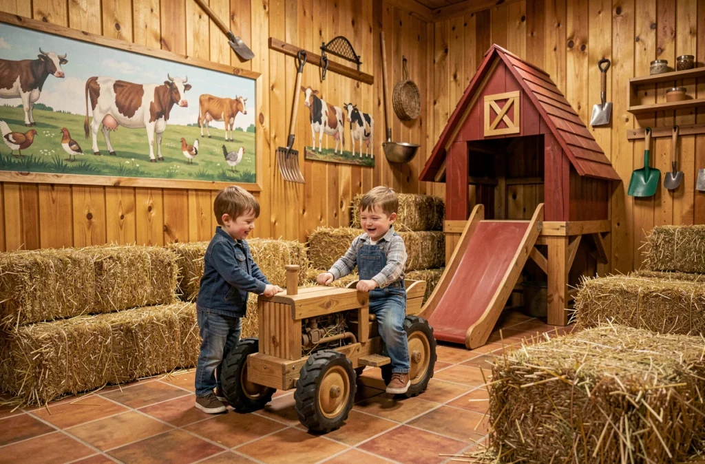 Famille profitant de l'espace de jeux intérieur sur le thème de la ferme à La Ferme aux Oies à Marcq-en-Baroeul