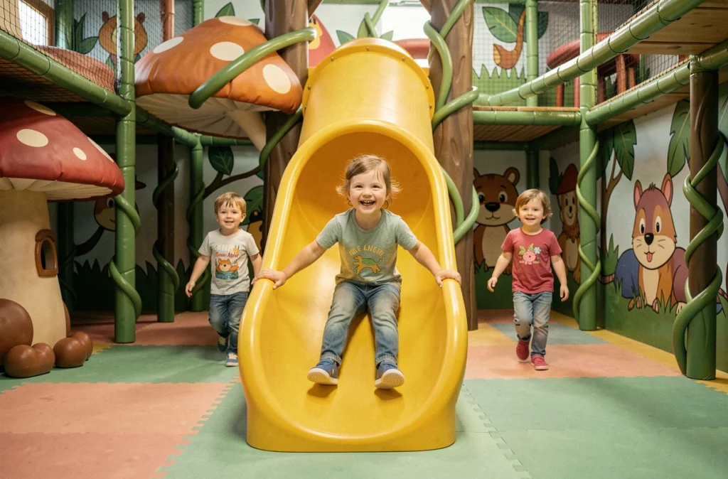Enfants explorant le parc de jeux indoor Gulli Parc à Lomme avec décoration thématique colorée