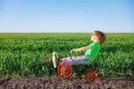 Happy child riding bike outdoor in spring green field