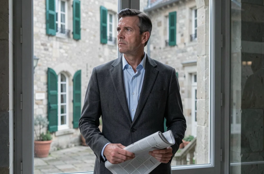 Homme en blazer gris tenant un journal devant une fenêtre donnant sur une cour française typique