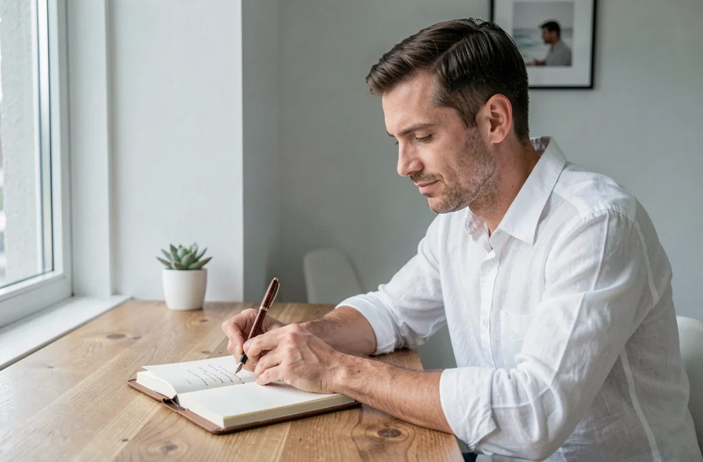 Homme écrivant un message d'anniversaire romantique dans un carnet en cuir avec un stylo plume dans un bureau scandinave épuré