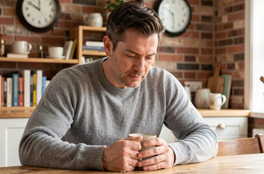 Homme pensif avec une tasse de café dans une cuisine chaleureuse, évoquant la préservation de la vie intime loin des projecteurs