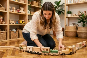 Femme examinant un jouet en bois artisanal dans une boutique de jouets éthiques en 2026