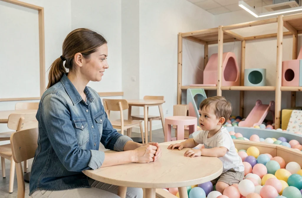 Mère surveillant son enfant dans la salle de jeux couverte Kidzy à Wambrechies